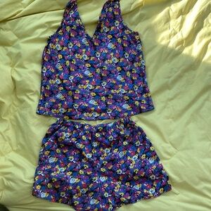 Floral Sleeveless Top and Shorts Set. Satin